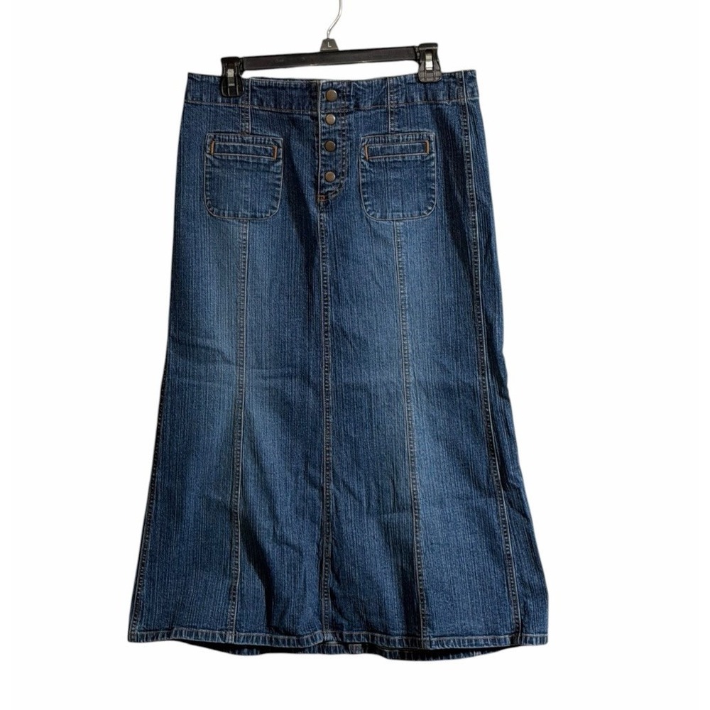 Y2K Gap 10 Denim Maxi Skirt Blue Button Fly A Line Paneled Pocket Modest Western